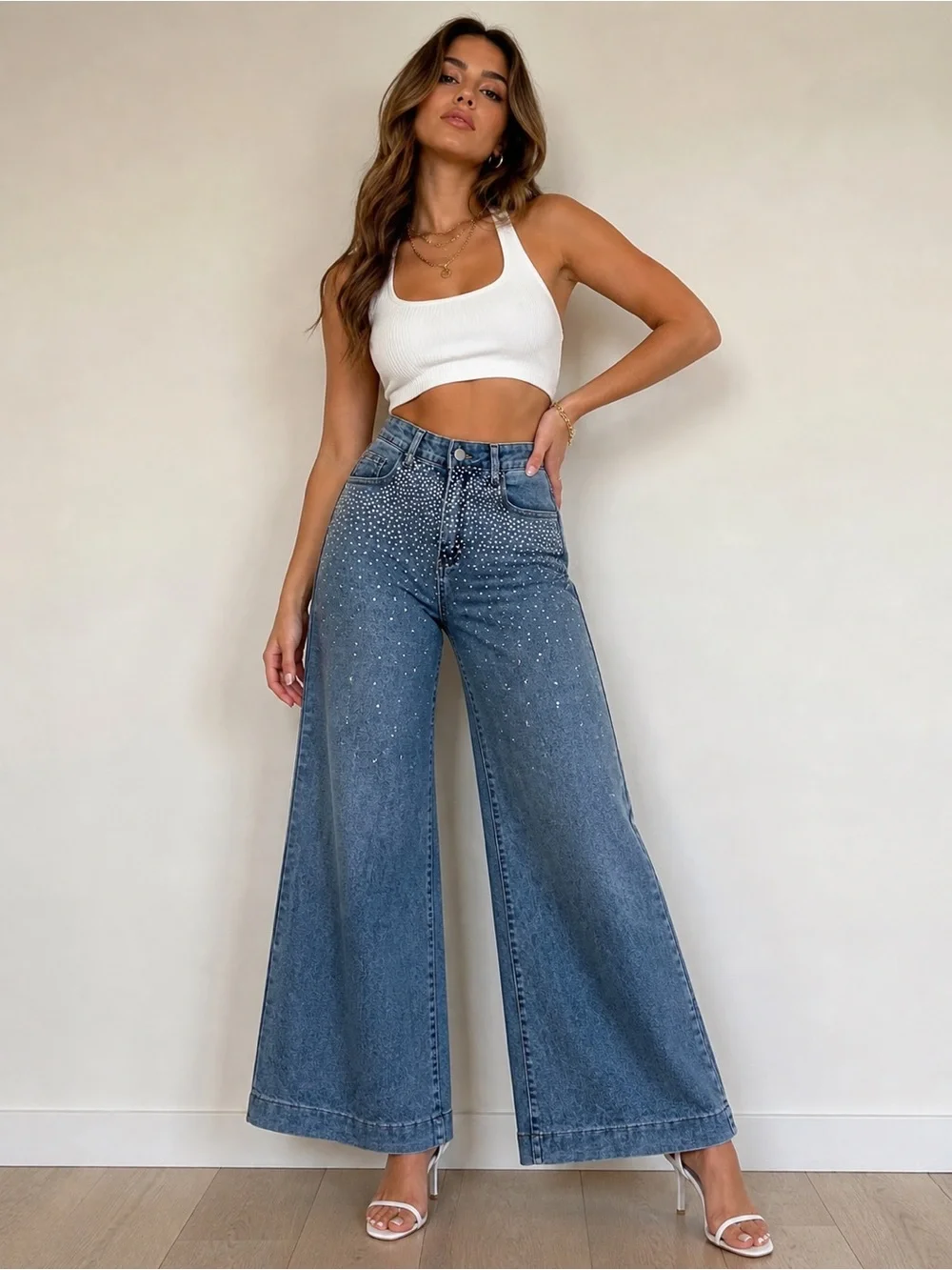 High-Rise Wide Leg Embellished Denim Jeans - Blue - Picture 1 of 9